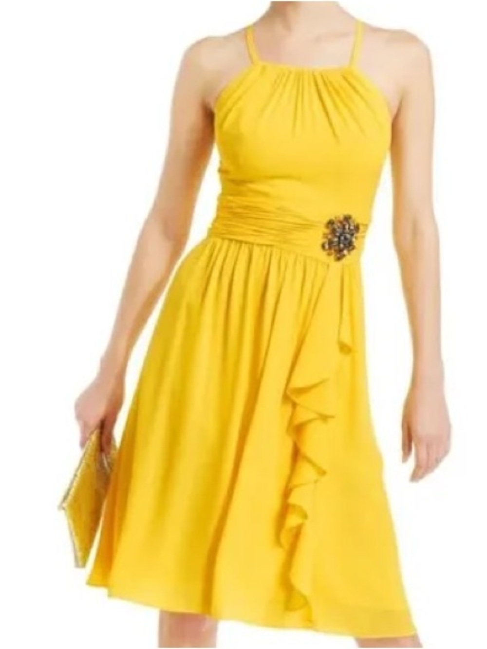 Nine West Yellow Halter Midi Dress with Side Ruffle and Jeweled Waist